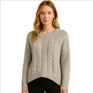 Vintage Poof Gray Ribbed Fisherman Cableknit Reglan Long Sleeve High Low Sweater